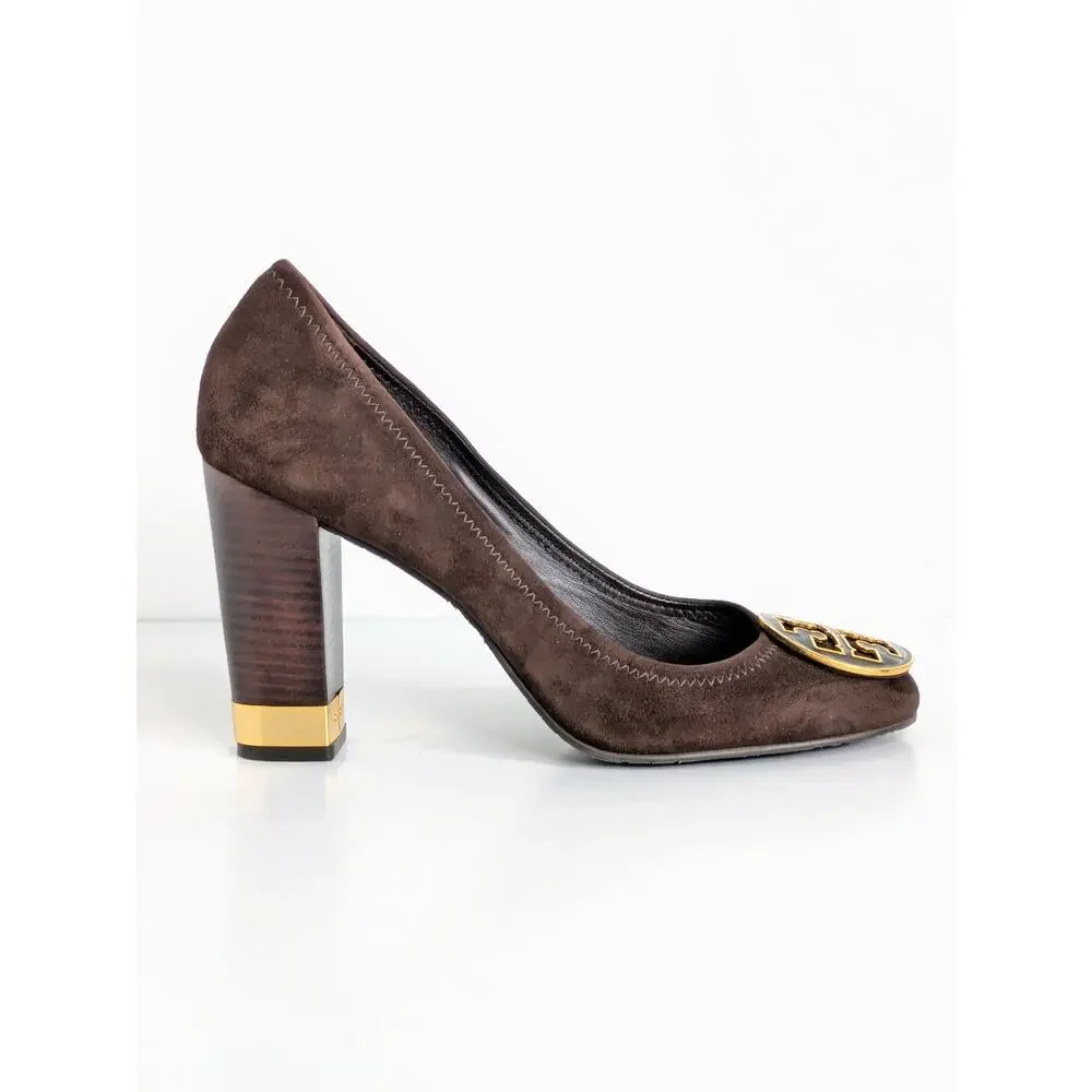 Tory Burch Maddie Pump 9.5 Brown Suede Block Heel Gold Logo Medallion Double T